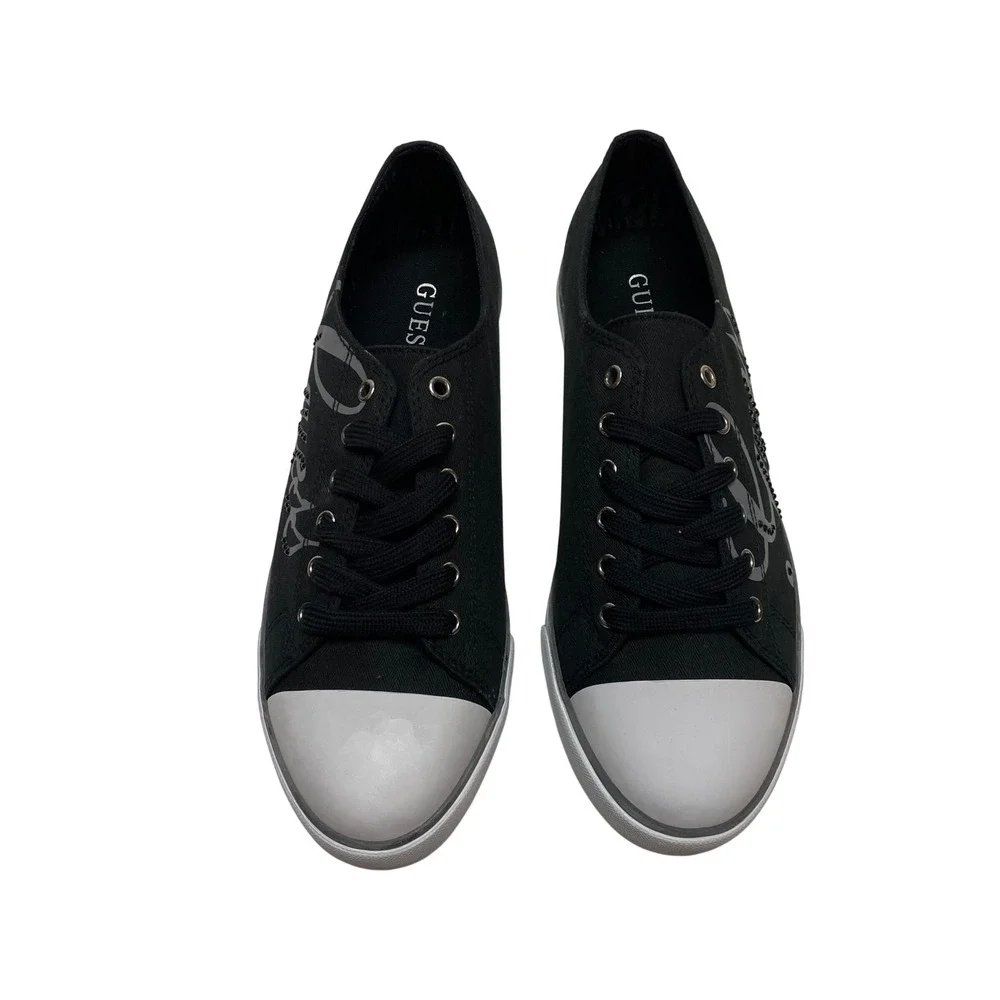 Guess Womens Black Canvas Rhinestone Logo Low Top Sneakers White Toe Cap 10 NIB‎